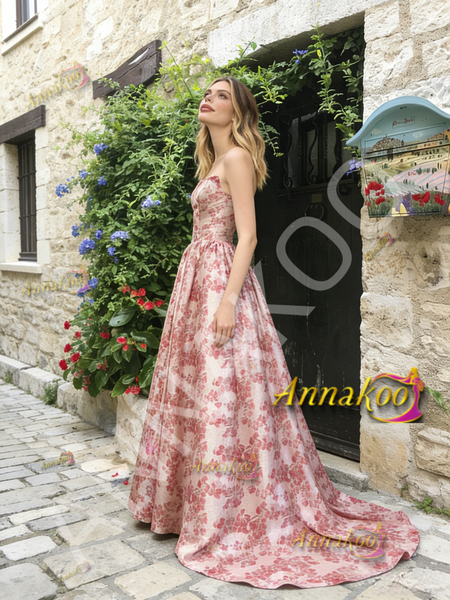 Shop 2026 ANNAKOO Red Sweep Train Strapless Floral Satin Prom Dress  Under 189