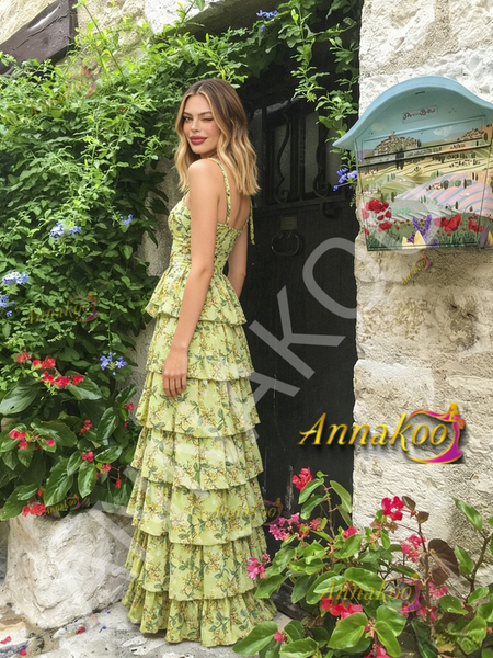 Shop 2026 ANNAKOO Green Spaghetti Straps Layers Print Chiffon Prom Dress Under 189