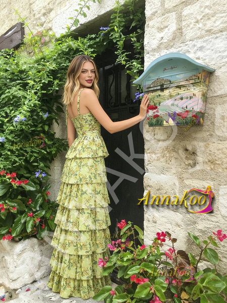 Shop 2026 ANNAKOO Green Spaghetti Straps Layers Print Chiffon Prom Dress Under 189
