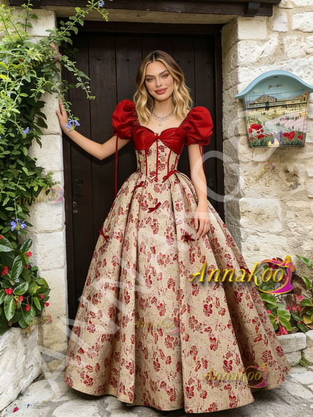 Shop 2026 ANNAKOO Puffy Sleeve Ball Gown Print Red Prom Dress Under 169
