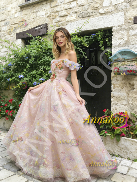 Shop 2026 ANNAKOO Off The Shoulder Pink Floral A Line Prom Dress Under 289