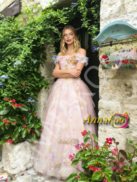 Shop 2026 ANNAKOO Off The Shoulder Pink Floral A Line Prom Dress Under 289