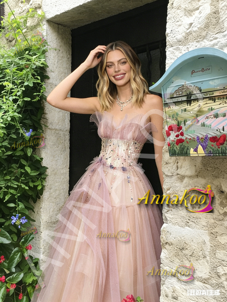 Shop 2026 ANNAKOO Strapless Tulle Beaidng A Line Ruffles Prom Dress Under 238