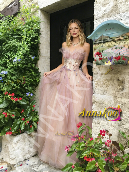 Shop 2026 ANNAKOO Strapless Tulle Beaidng A Line Ruffles Prom Dress Under 238