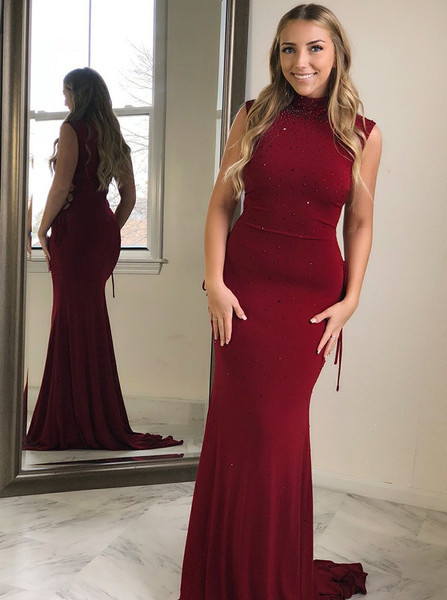 Beading Dark Red Spandex Sheath High Neck Prom Dress