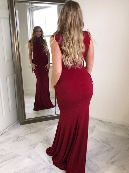 Beading Dark Red Spandex Sheath High Neck Prom Dress