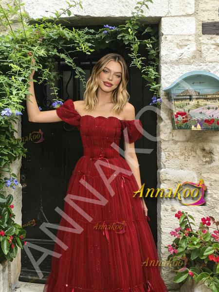 Shop 2026 ANNAKOO Off The Shoulder Burgundy Tulle A Line Ruffles Prom Dress Under 189