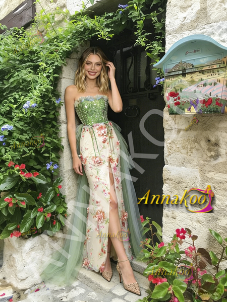Shop 2026 ANNAKOO Strapless Tulle Floral Green Sheath Column Prom Dress With Slit Under 239