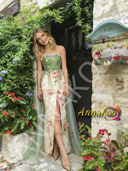 Shop 2026 ANNAKOO Strapless Tulle Floral Green Sheath Column Prom Dress With Slit Under 239