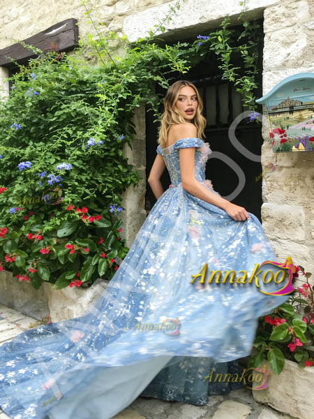 Shop 2026 ANNAKOO Off The Shoulder Tulle Blue A Line Flower Prom Dress Under 287