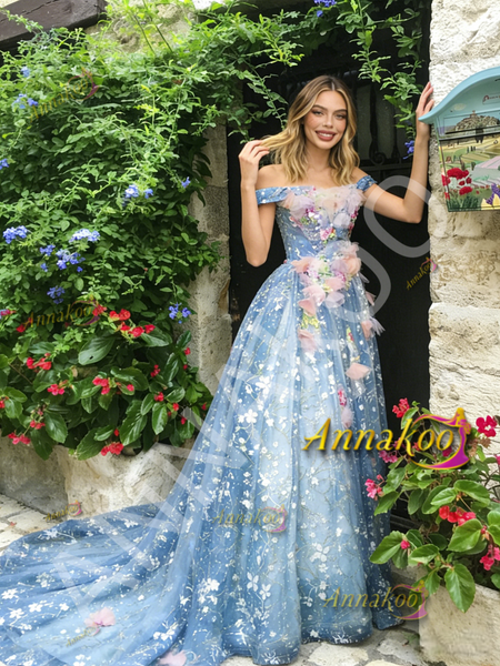 Shop 2026 ANNAKOO Off The Shoulder Tulle Blue A Line Flower Prom Dress Under 287