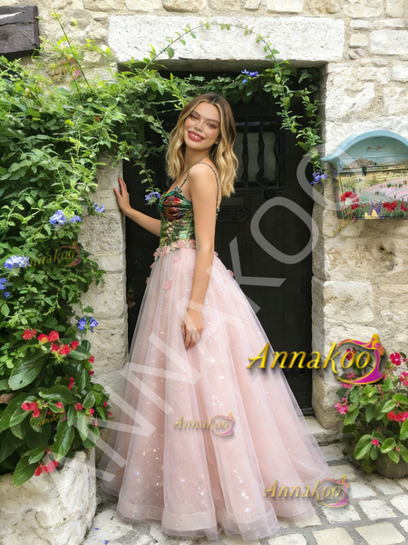 Shop 2026 ANNAKOO Pink Floral Spaghetti Straps Tulle A Line Prom Dress Under 269