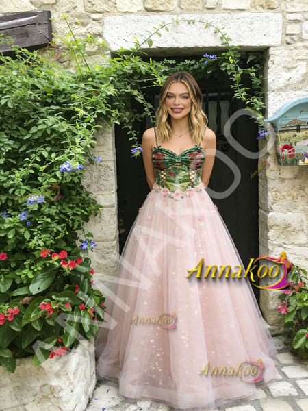 Shop 2026 ANNAKOO Pink Floral Spaghetti Straps Tulle A Line Prom Dress Under 269
