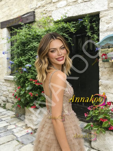 Shop 2026 ANNAKOO V Neck Layers Champagne Tulle Beading A Line Prom Dress Under 289