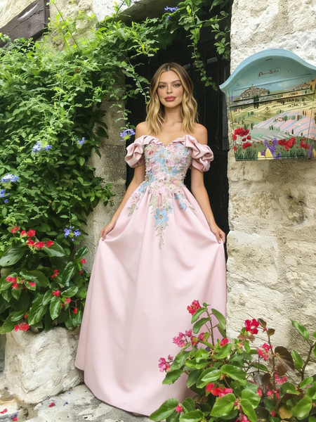 Shop 2026 ANNAKOO Off The Shoulder Satin A Line Appliques Pink Prom Dress Under 189