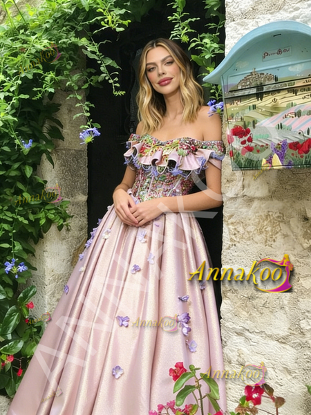 Shop 2026 ANNAKOO Off The Shoulder Flowers Satin A Line Prom Dress Under 259