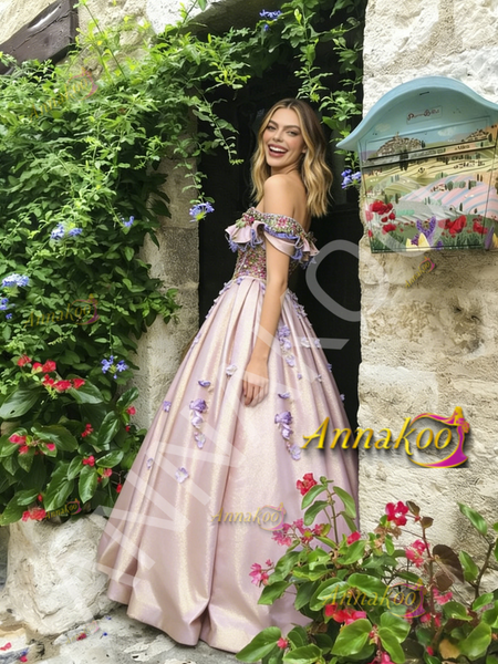 Shop 2026 ANNAKOO Off The Shoulder Flowers Satin A Line Prom Dress Under 259