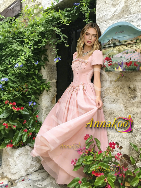 Shop 2026 ANNAKOO Short Sleeves Square A Line Flowers Pink Satin Prom Dress Under 238