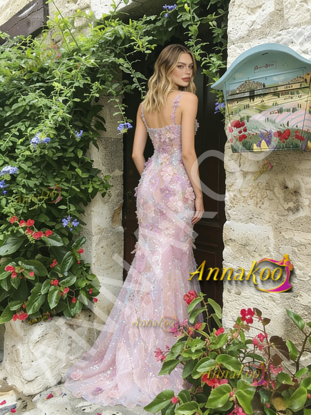Shop 2026 ANNAKOO Floral Pink Trumpet Mermaid Tulle Staps Prom Dress Under 199
