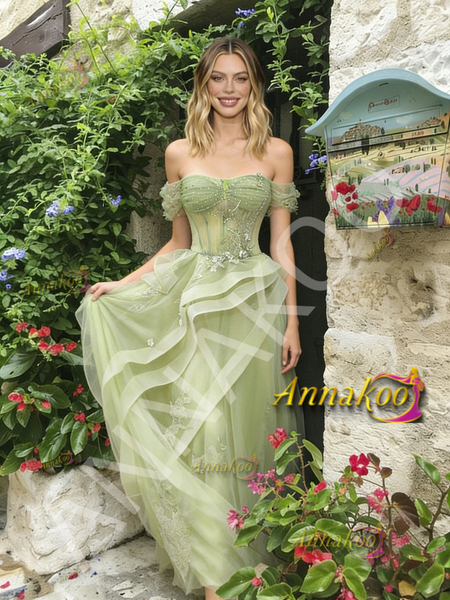 Shop 2026 ANNAKOO Off The Shoulder Ruffles Green Tulle A Line Prom Dress Under 189