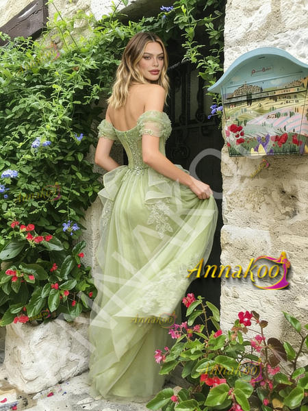 Shop 2026 ANNAKOO Off The Shoulder Ruffles Green Tulle A Line Prom Dress Under 189