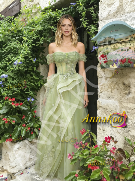 Shop 2026 ANNAKOO Off The Shoulder Ruffles Green Tulle A Line Prom Dress Under 189