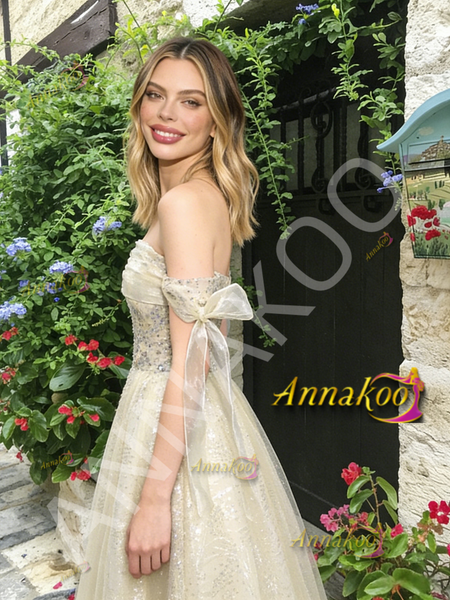 Shop 2026 ANNAKOO Champagne Tulle Off The Shoulder Tie Straps A Line Prom Dress Under 189