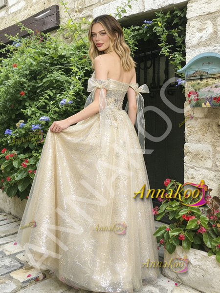 Shop 2026 ANNAKOO Champagne Tulle Off The Shoulder Tie Straps A Line Prom Dress Under 189