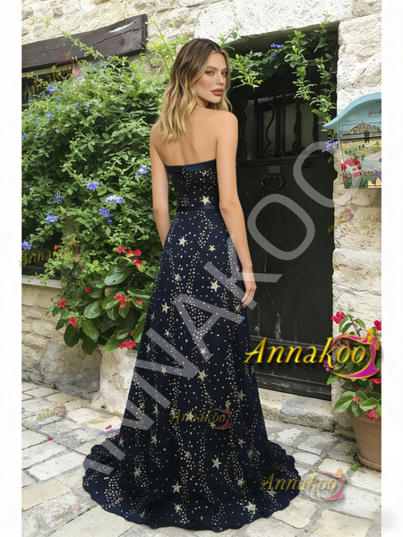 Shop ANNAKOO Navy Blue Trumpet Mermaid Tulle Star Strapless Prom Dress Under 198