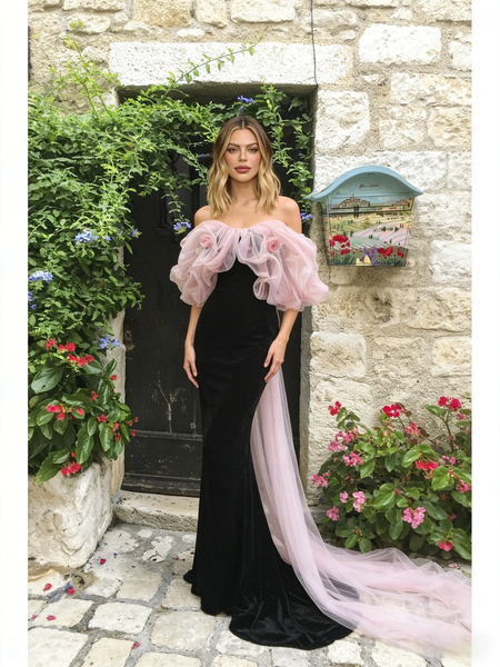 Shop 2026 ANNAKOO Off The Shoulder Trumpet Mermaid Ruffles Tulle Velvet Prom Dress Under 198