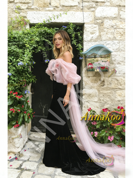 Shop 2026 ANNAKOO Off The Shoulder Trumpet Mermaid Ruffles Tulle Velvet Prom Dress Under 198