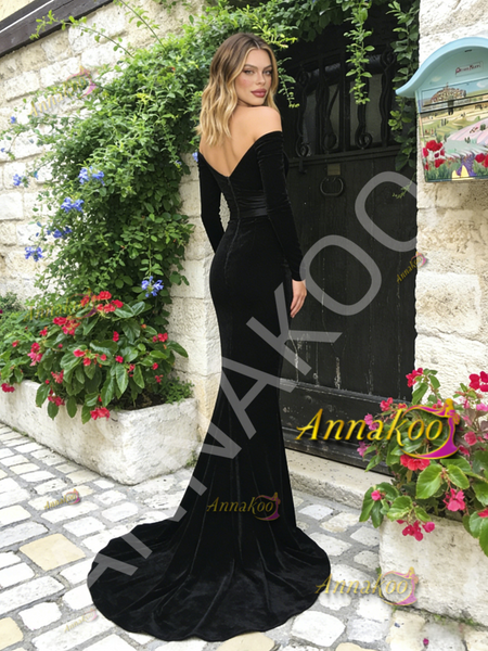 Shop 2026 ANNAKOO Off The Shoulder Velvet Trumpet Mermaid Long Sleeves Beading Prom Dress Under 189