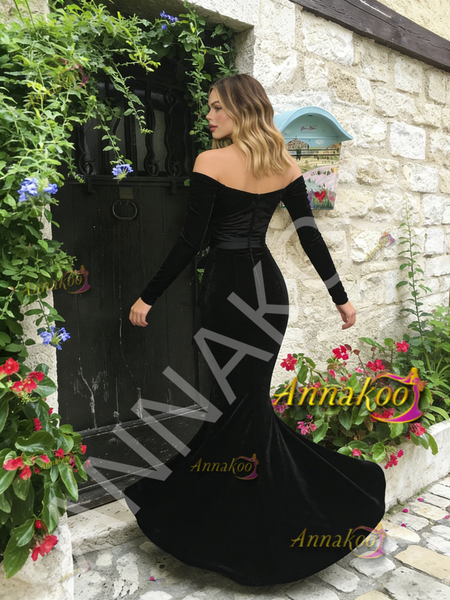 Shop 2026 ANNAKOO Off The Shoulder Velvet Trumpet Mermaid Long Sleeves Beading Prom Dress Under 189