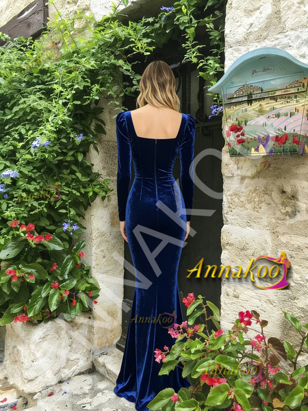 Shop 2026 ANNAKOO Royal Blue Velvet Square Long Sleeve Trumpet Mermaid Prom Dress Under 188