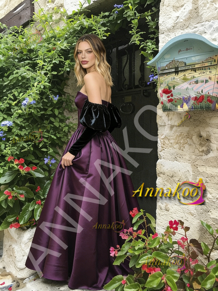 Shop 2026 ANNAKOO Long Sleeves Ball Gown Purple Satin Prom Dress Under 189