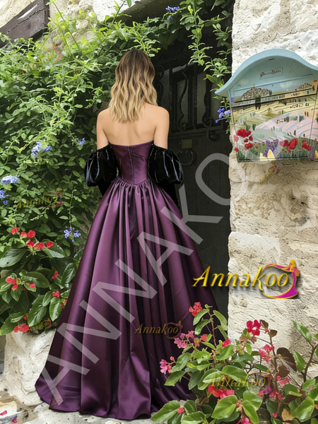 Shop 2026 ANNAKOO Long Sleeves Ball Gown Purple Satin Prom Dress Under 189