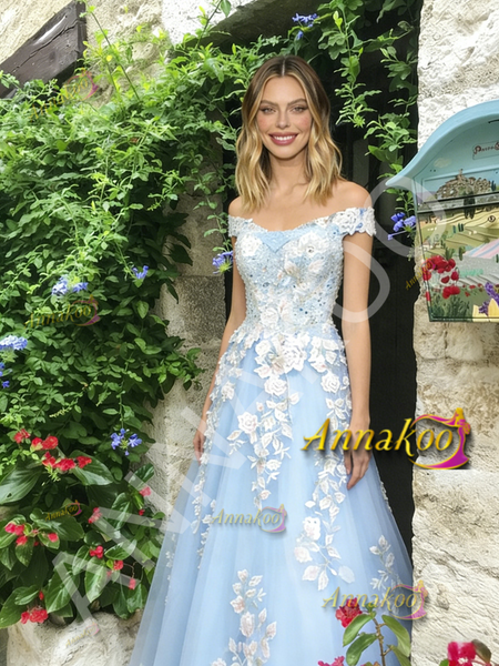 Shop 2026 ANNAKOO Light Blue Off The Shoulder A Line Appliques Prom Dress Under 189