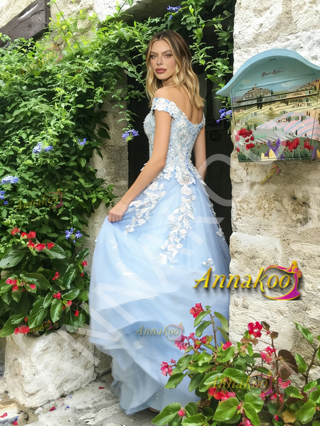 Shop 2026 ANNAKOO Light Blue Off The Shoulder A Line Appliques Prom Dress Under 189