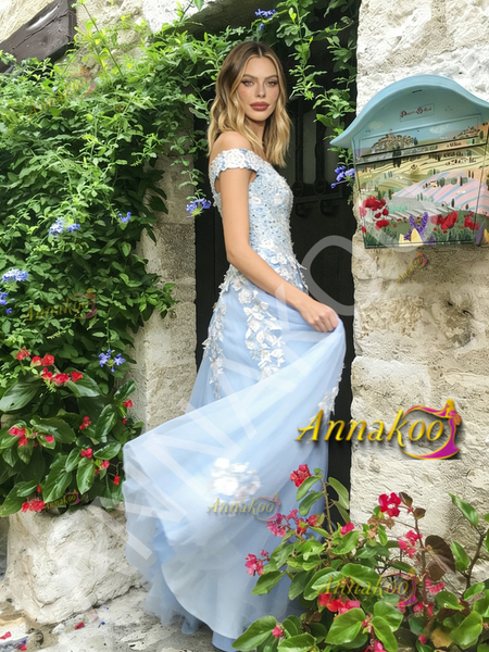 Shop 2026 ANNAKOO Light Blue Off The Shoulder A Line Appliques Prom Dress Under 189