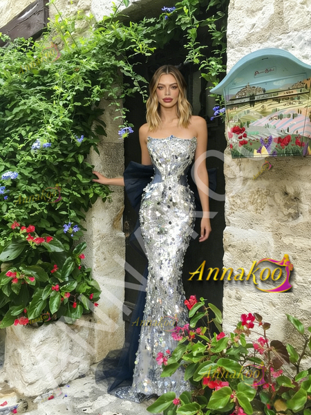 Shop 2026 ANNAKOO Sweetheart Sequin Silver Tulle Trumpet Mermaid Prom Dress Under 179