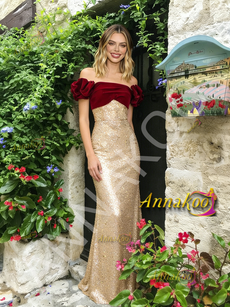 Shop 2026 ANNAKOO Off The Shoulder Trumpet Mermaid Gold Sequin Velvet Prom Dress Under 189