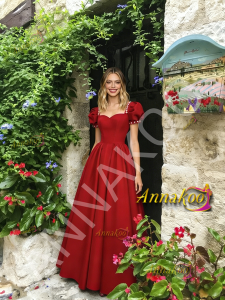 Shop 2026 ANNAKOO Red Satin Puffy Sleeve A Line Pearl Square Prom Dress Under 169