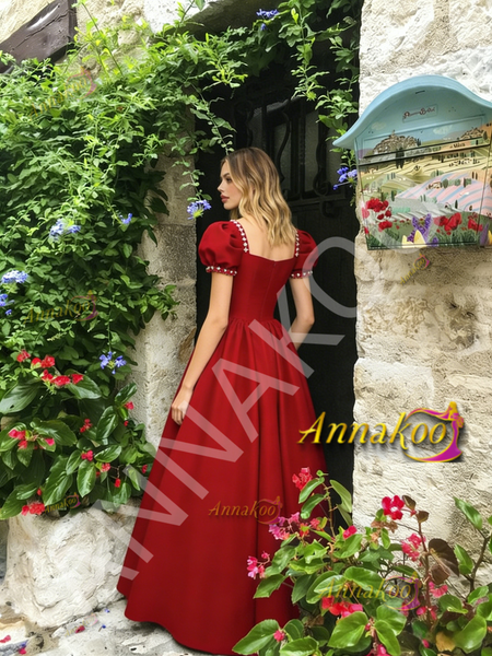 Shop 2026 ANNAKOO Red Satin Puffy Sleeve A Line Pearl Square Prom Dress Under 169