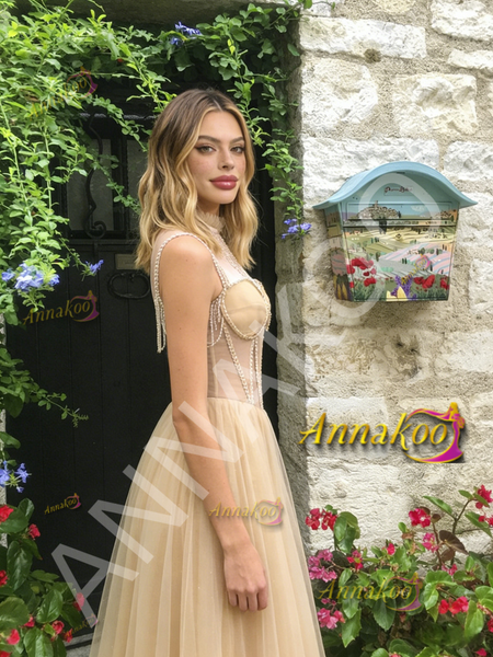 Shop 2026 ANNAKOO High Neck Tulle A Line Beading Champagne Prom Dress Under 189