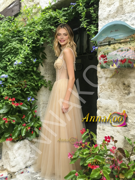 Shop 2026 ANNAKOO High Neck Tulle A Line Beading Champagne Prom Dress Under 189