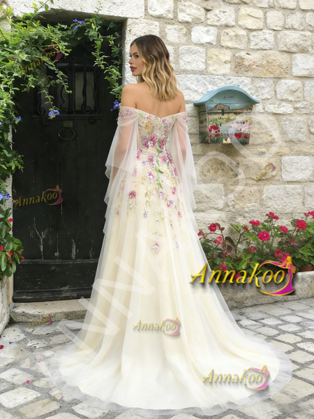Shop 2026 ANNAKOO Champagne Off The Shoulder Tulle A Line Appliques Prom Dress Under 189