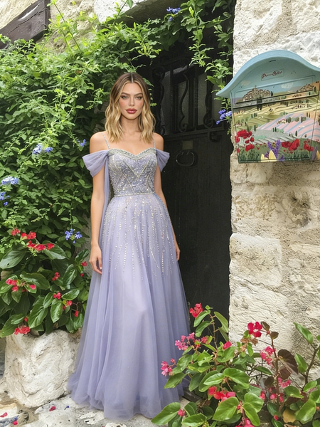 Shop 2026 ANNAKOO Off The Shoulder Lavender Purple Tulle Beading Prom Dress Under 289