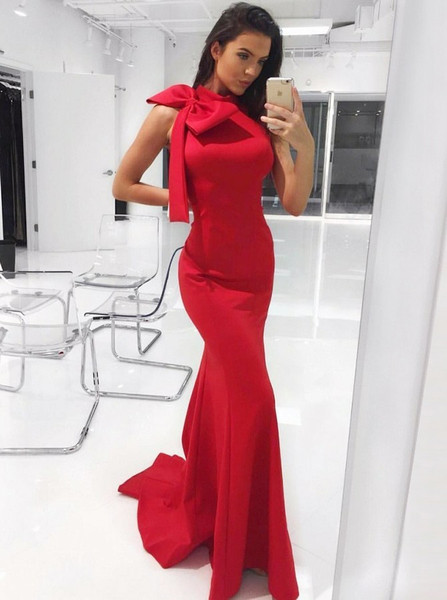 Bowknot Mermaid High Neck Red Satin Evening Prom Dress