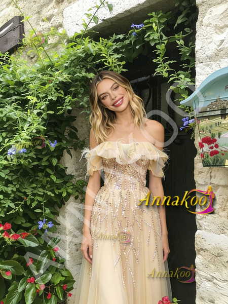 Champagne Tulle Off The Shoulder Beading A Line Prom Dress
