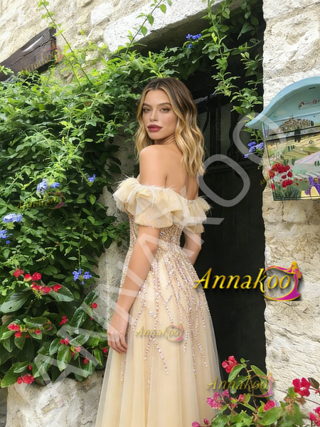 Shop 2026 ANNAKOO Champagne Tulle Off The Shoulder Beading A Line Prom Dress Under 259